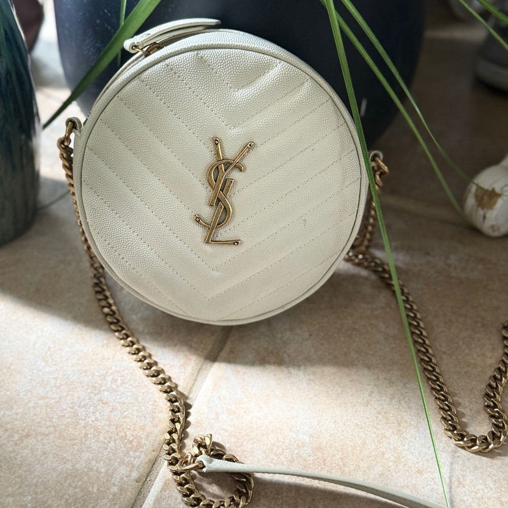 Yves Saint Laurent Cream Round Crossbody Bag with Gold Chain